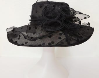 Black Organza Kentucky Derby Polka Dot Hat Bow Dress Hat Garden Party Fascinator Wedding Guest Hat Black Summer Formal Hat Tea Party Hat