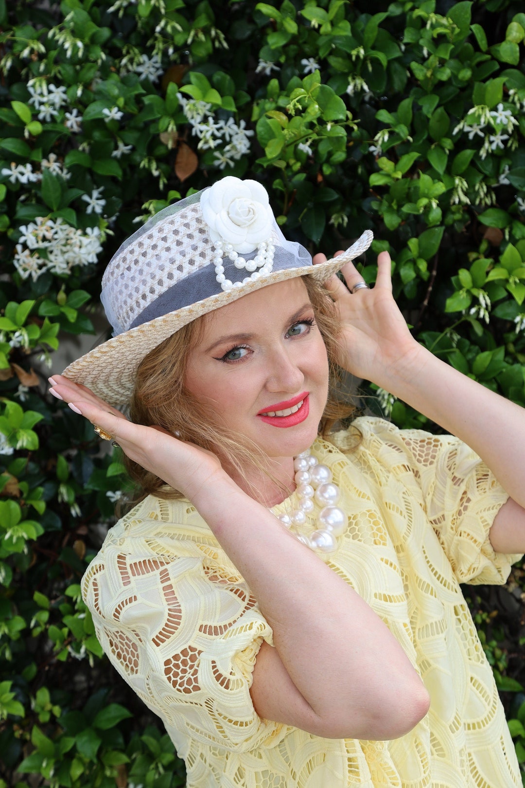 Woven Wicker Straw and lace boater Panama Kentucky derby churchHat Straw Boater Hat Kentucky Derby Hat Beige Canotier Hat  main image 4