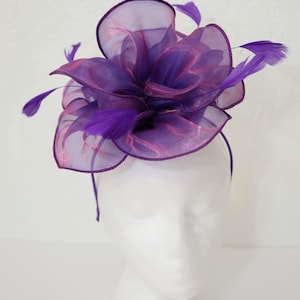Purple Fascinator Kentucky Derby Organza Hat Purple Wedding Guest Hat Purple Headband Tea Party Hat 1920s Pillbox Feathers Veil Hat