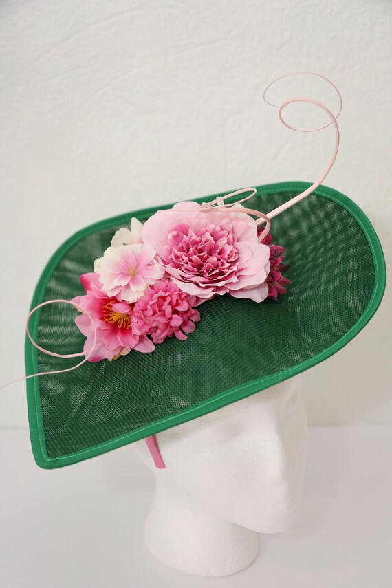 Green Kentucky Derby Fascinator: Pink Silk Flowers Wedding Hat