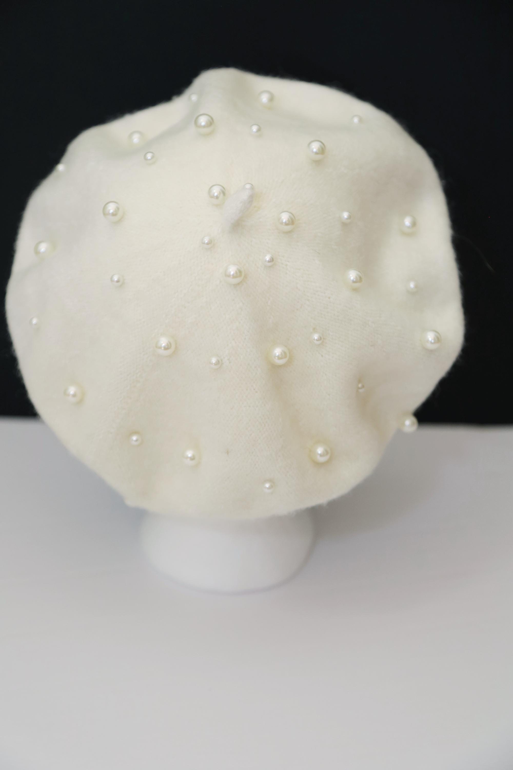 Ivory Beret With Pearls White Pearls Beret Perl Embellished 