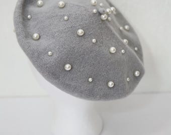LOFT Gray Beret with White Pearl Beads Light Grey Beret With Pearls White Pearls Beret Perl  main image 4
