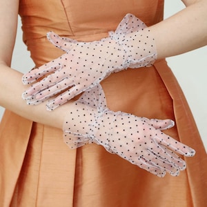 White Short Gloves Black Polka Dot Gloves Tulle Wrist Length Lace Gloves Opera Sheer Gloves White Derby Gloves Mesh Short Wedding Gloves