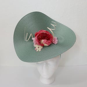 Pastel Green Fascinator Kentucky Derby Hat Pink Flowers Wedding Guest Hat Light Green Garden Party Fascinator Royal Ascot Large Sage Hat