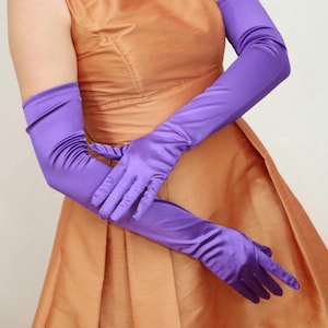 Purple Satin Gloves Over The Elbow Length Long Gloves Stretch 22&quot; Violet Opera Gloves Wedding Ball Prom Vintage Style Party Elegant Gloves