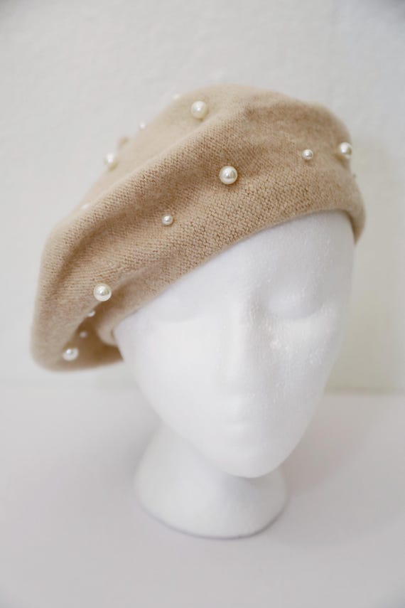 Beige Beret With Pearls White Pearls Beret Perl Embellished  display picture 2
