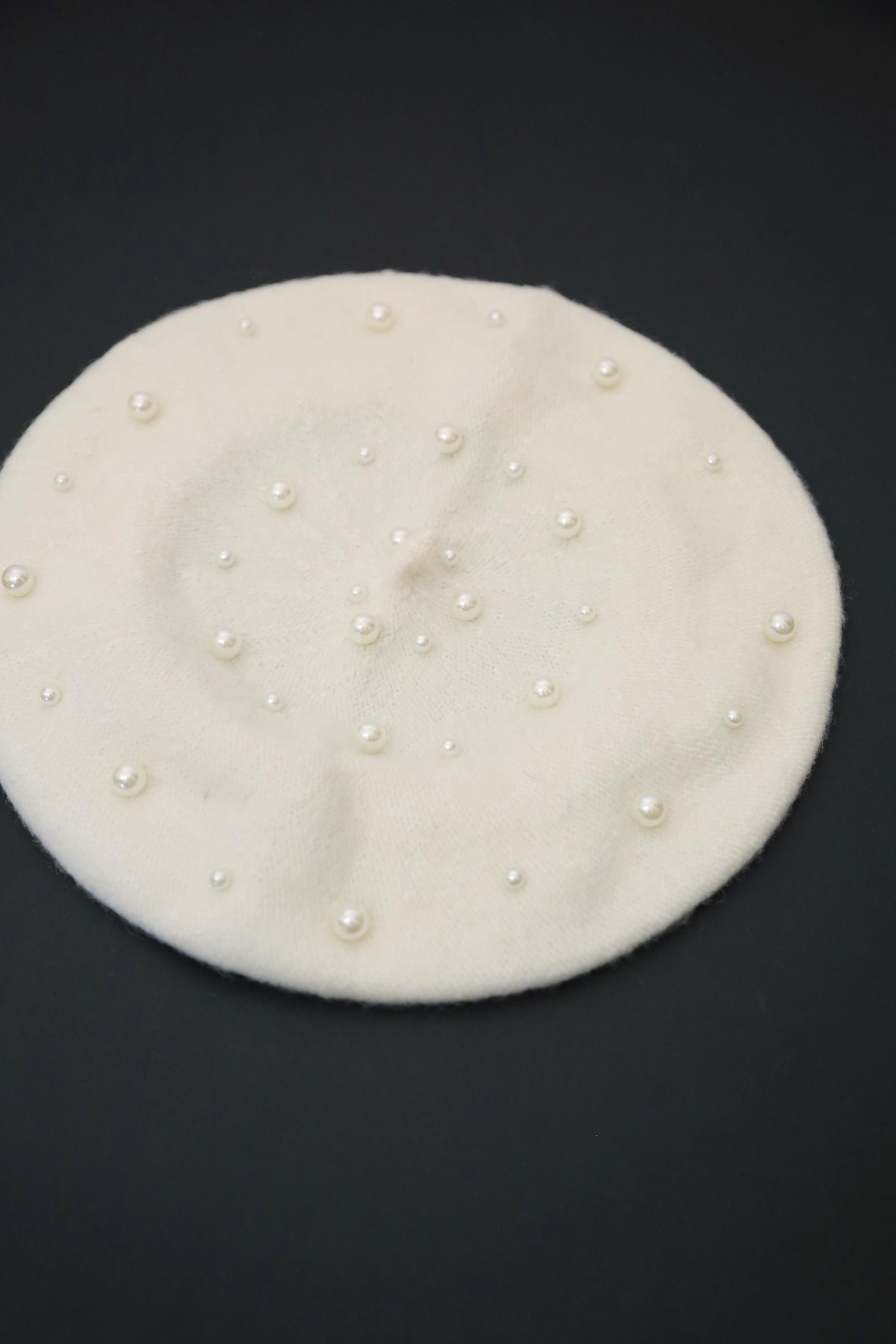 Ivory Beret With Pearls White Pearls Beret Perl Embellished 