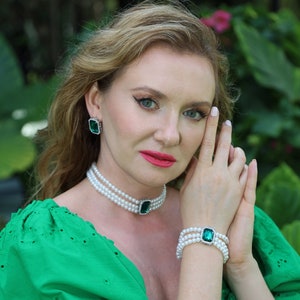 3pcs Set Emerald Rhinestone Necklace Pearl Bracelet Green Crystal Earrings Pearl Layering Choker Green Emerald Earrings 1920s Wedding Gatsby