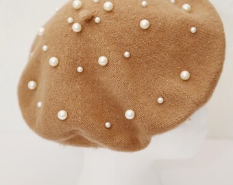 Camel Beret With Pearls White Pearls Beret Perl Embellished  display picture 3