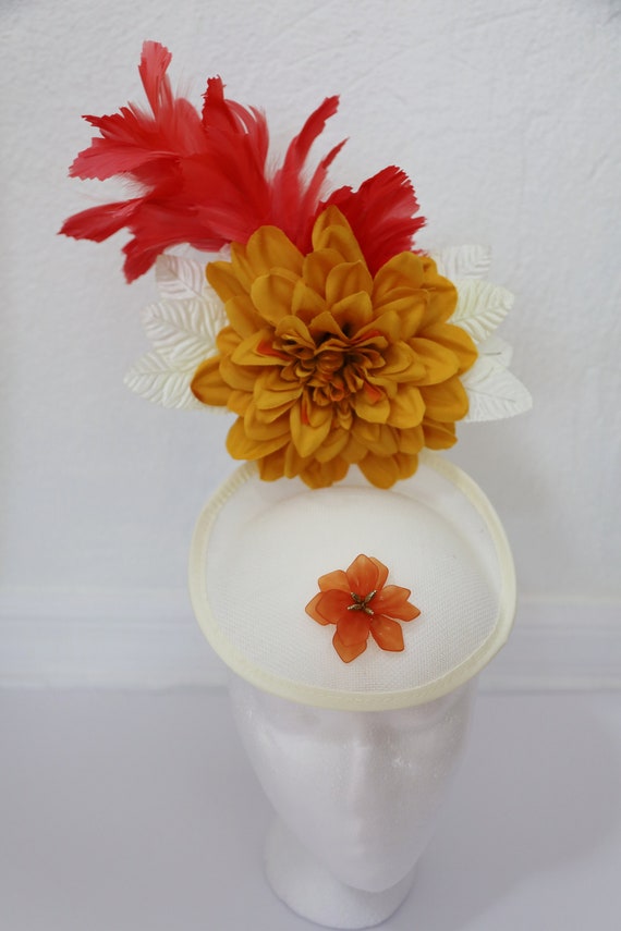 Coral and mustard yellow Floral Fascinator Mustard Yellow Coral Ivory Dusky Pink Blush Peach Sinamay  main image 2