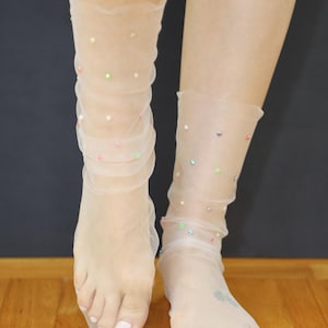 White Tulle Socks Crystals Sheer Socks White Tulle Rhinestones Socks Shiny Crystals Tulle Socks White Mesh Socks Transparent Dress Socks