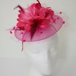 Hot Pink Fascinator: Organza Flower, Feathers, and Veil Headband