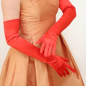 Red Satin Gloves Over The Elbow Length Long Red Gloves Stretch Red Opera Gloves Wedding Ball Prom Vintage Style Party Elegant Red Gloves