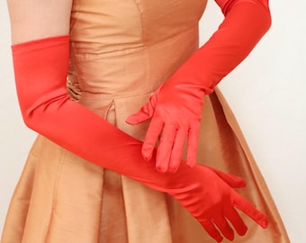 Red Satin Gloves Over The Elbow Length Long Red Gloves Stretch Red Opera Gloves Wedding Ball Prom Vintage Style Party Elegant Red Gloves