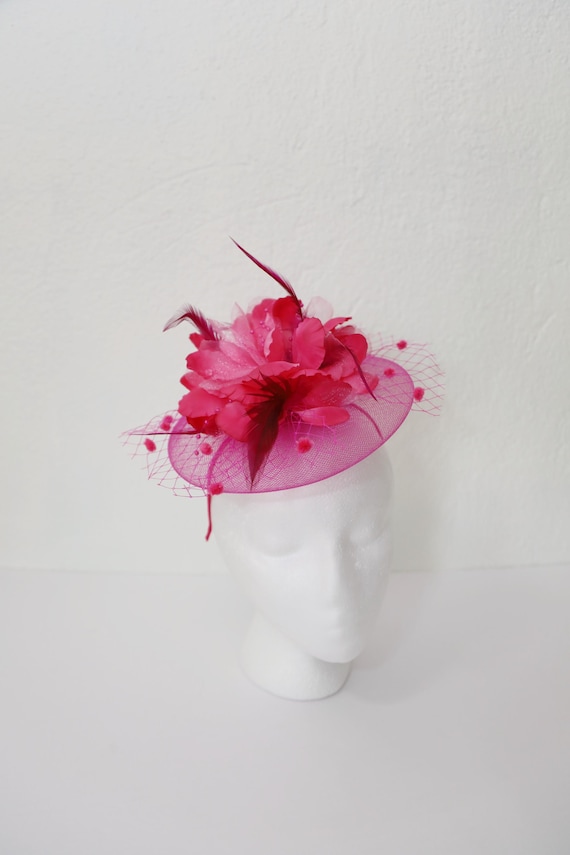 Hot Pink Fascinator: Organza Flower, Feathers, and Veil  display picture 1