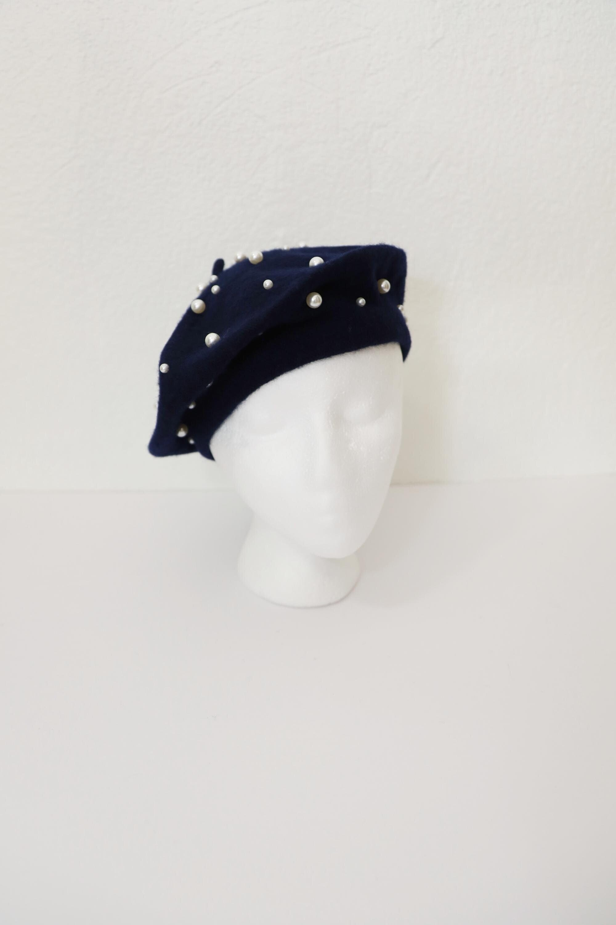 Navy Blue Beret With Pearls White Pearls Beret Perl Embellished Pearl Wool Beret Warm Hat French Beret Dark Blue Pearl Beaded Beret Casual