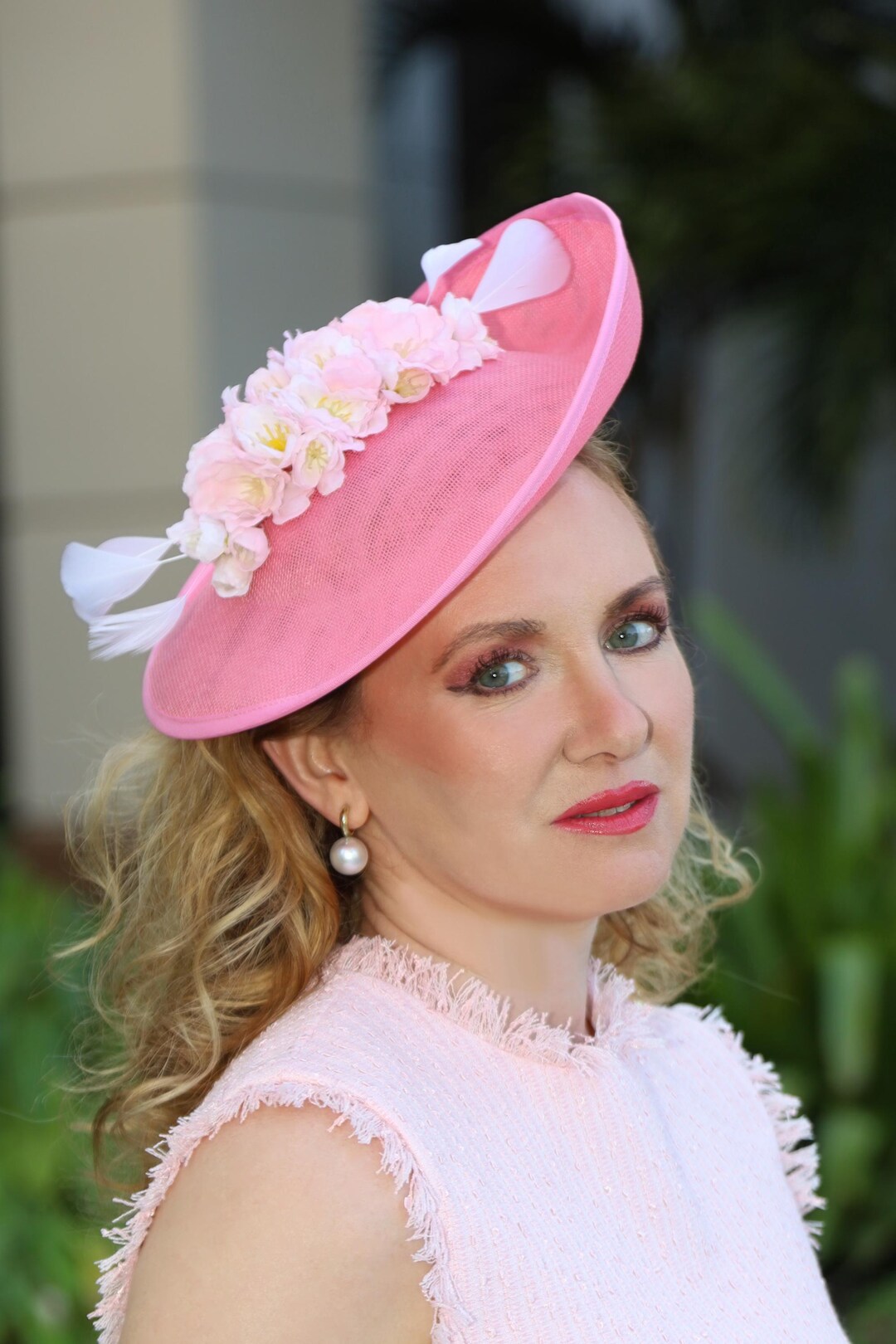 Pink Kentucky Derby Hat White Fascinator Light Pink Flowers Wedding ...