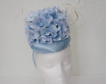 Blue Fascinator Light Blue Kentucky Derby Hat Big Hydrangea Flower Wedding Guest Hat Blue Garden Party Fascinator Feather Quills Blue Hat