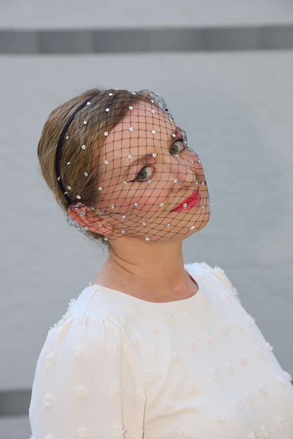 6126 Black Birdcage Veil Headband With Rhinestones Fascinators For Women Amazon.com: Black Veil Mesh Bow Veils Funeral Hat Headband  main image 4