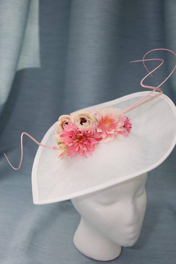 White Fascinator Kentucky Derby Hat Pink Flowers Wedding  display picture 1