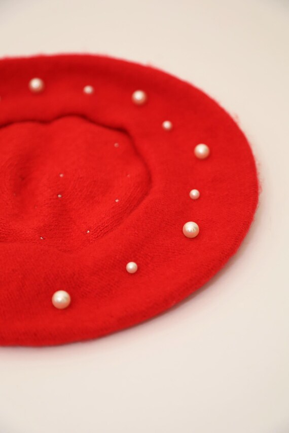 RED Pearl Details Beret FGSS Pearl Rhinestone Winter Wool French Beret Hat Artist  main image 4