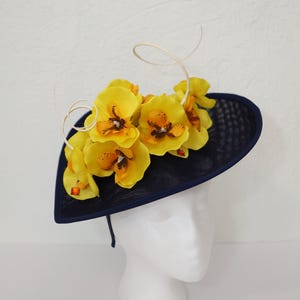 Navy Blue Fascinator Kentucky Derby Hat Yellow Orchids Wedding Guest Hat Yellow Flowers Garden Party Fascinator Crystals Teardrop Hat