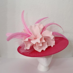 Pink Kentucky Derby Hat Hot Pink Wedding Guest Hat Light Pink Feathers Garden Party Large Hat Oversized Flower Hatinator Fuchsia Fascinator