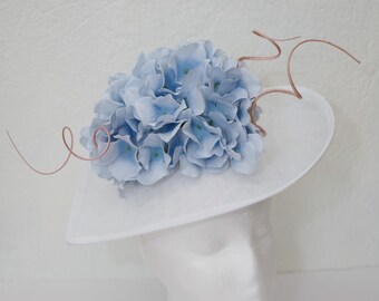 White Fascinator Kentucky Derby Hat Blue Hydrangea Flowers Wedding Guest Hat Light Blue Garden Party Fascinator Blue Large Teardrop Hat