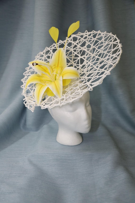 New Yellow Floral Feather Fascinator Hat Derby Horse Racing Church Tea Wedding Yellow Sinamay Kentucky Derby Hat, Feather Flower Wedding  main image 2