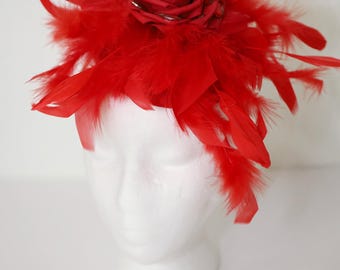 Red Feather Fascinator Kentucky Derby Hat Rose Tea Party Hat  display picture 3