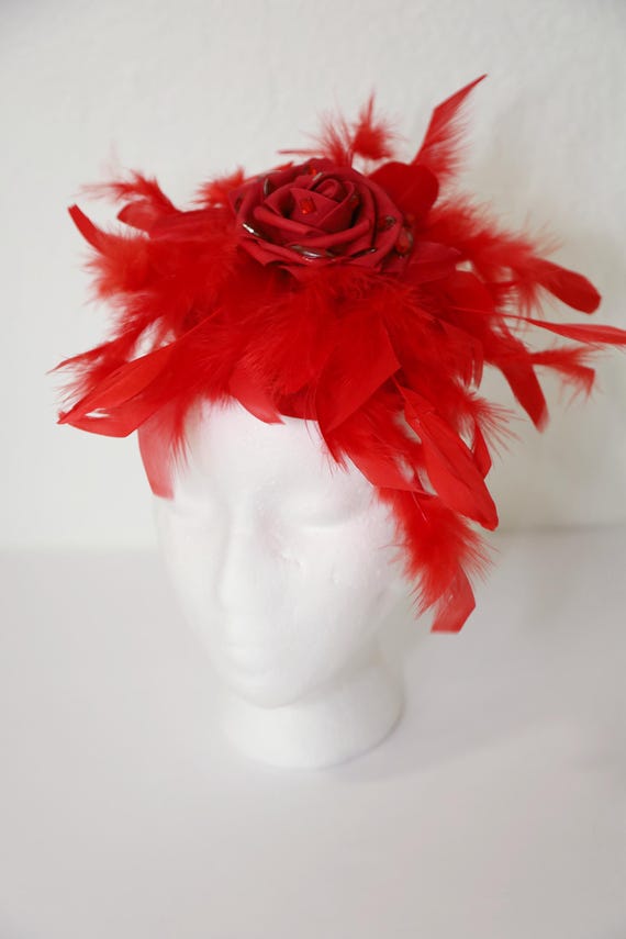 Red Feather Fascinator Kentucky Derby Hat Rose Tea Party Hat  display picture 2