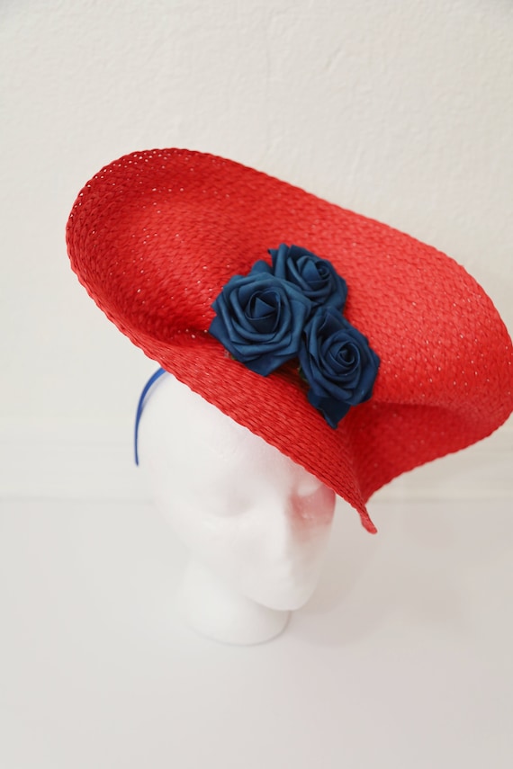 Elegant Blue and Red Fascinator Kentucky Derby Hat Blue and Red Fascinator Hat for Women Tea Party Hat Kentucky  main image 3