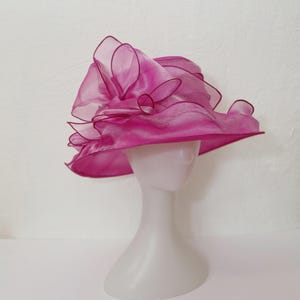 Fuchsia Organza Kentucky Derby Hat Hot Pink Bow Dress Hat Garden Party Fascinator Wedding Guest Hat Pink Summer Formal Hat Tea Party Hat