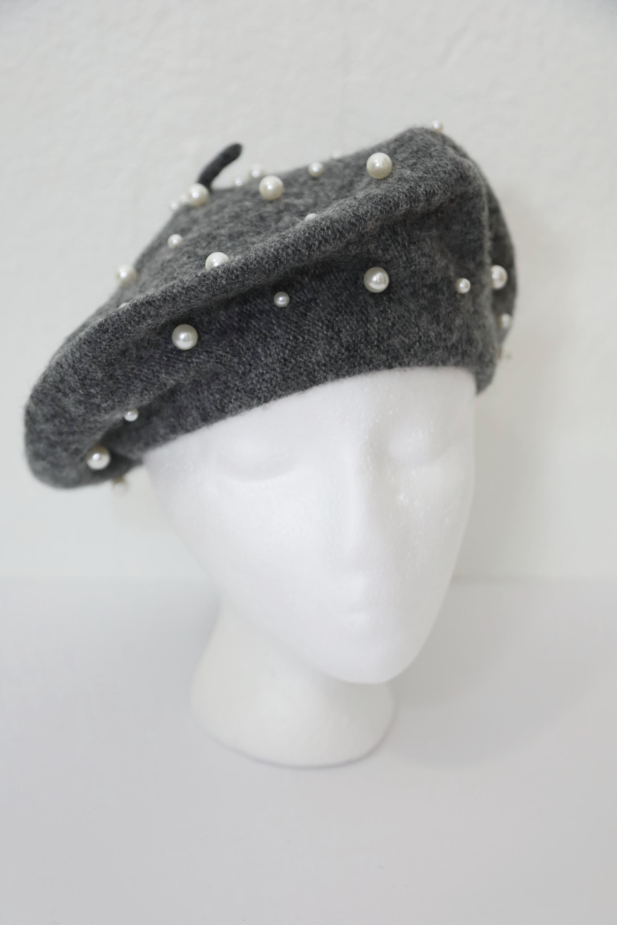 Dark Grey Wool Beret With White Pearl Embellishments - Etsy display picture 2