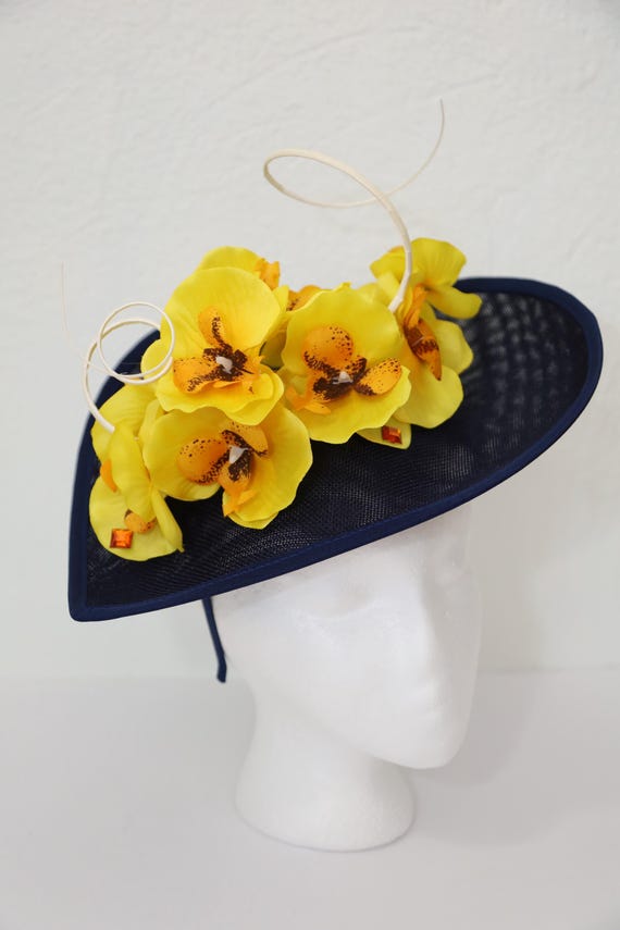 Navy Blue Fascinator Kentucky Derby Hat Yellow Orchids 