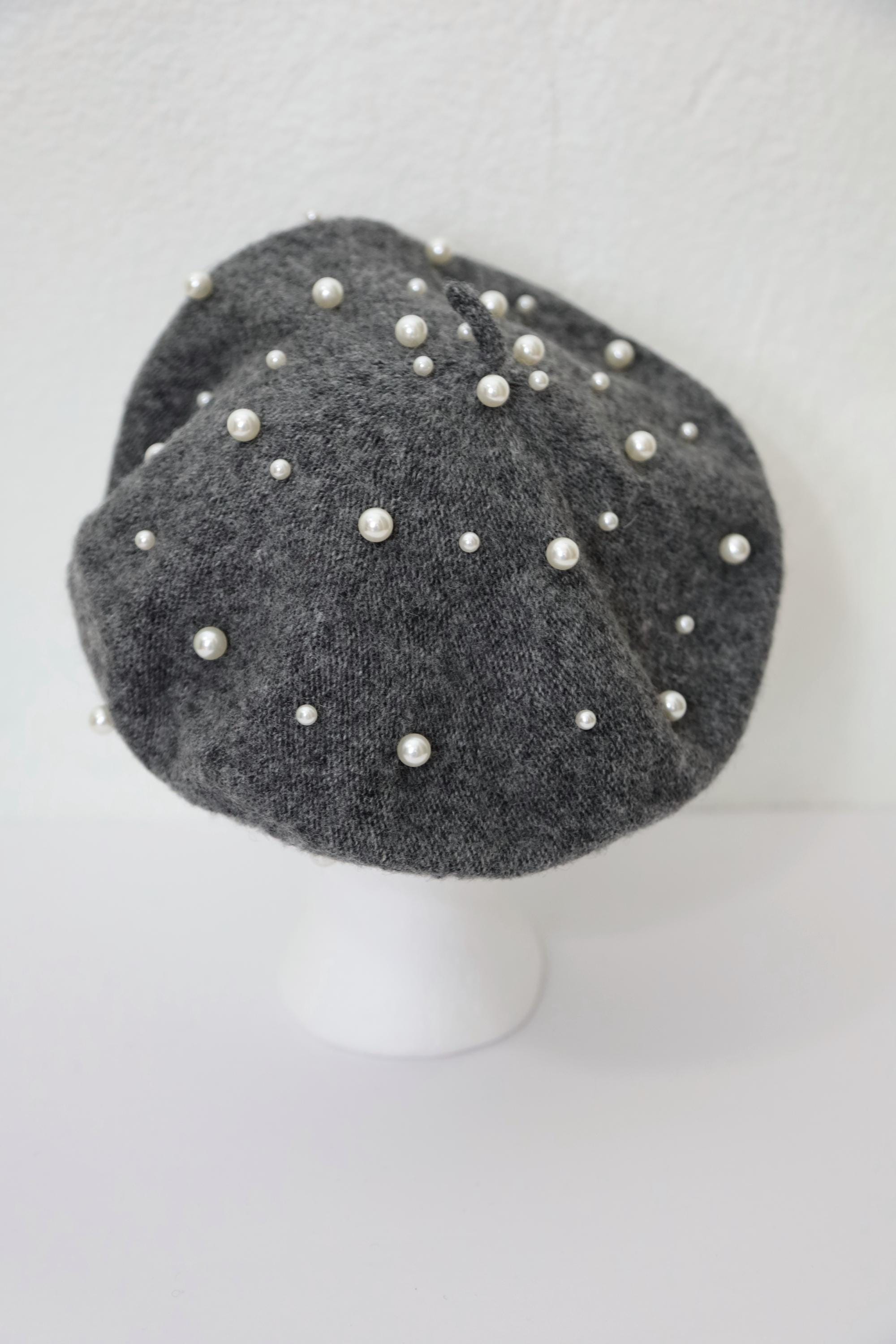 Dark Grey Wool Beret With White Pearl Embellishments - Etsy display picture 1