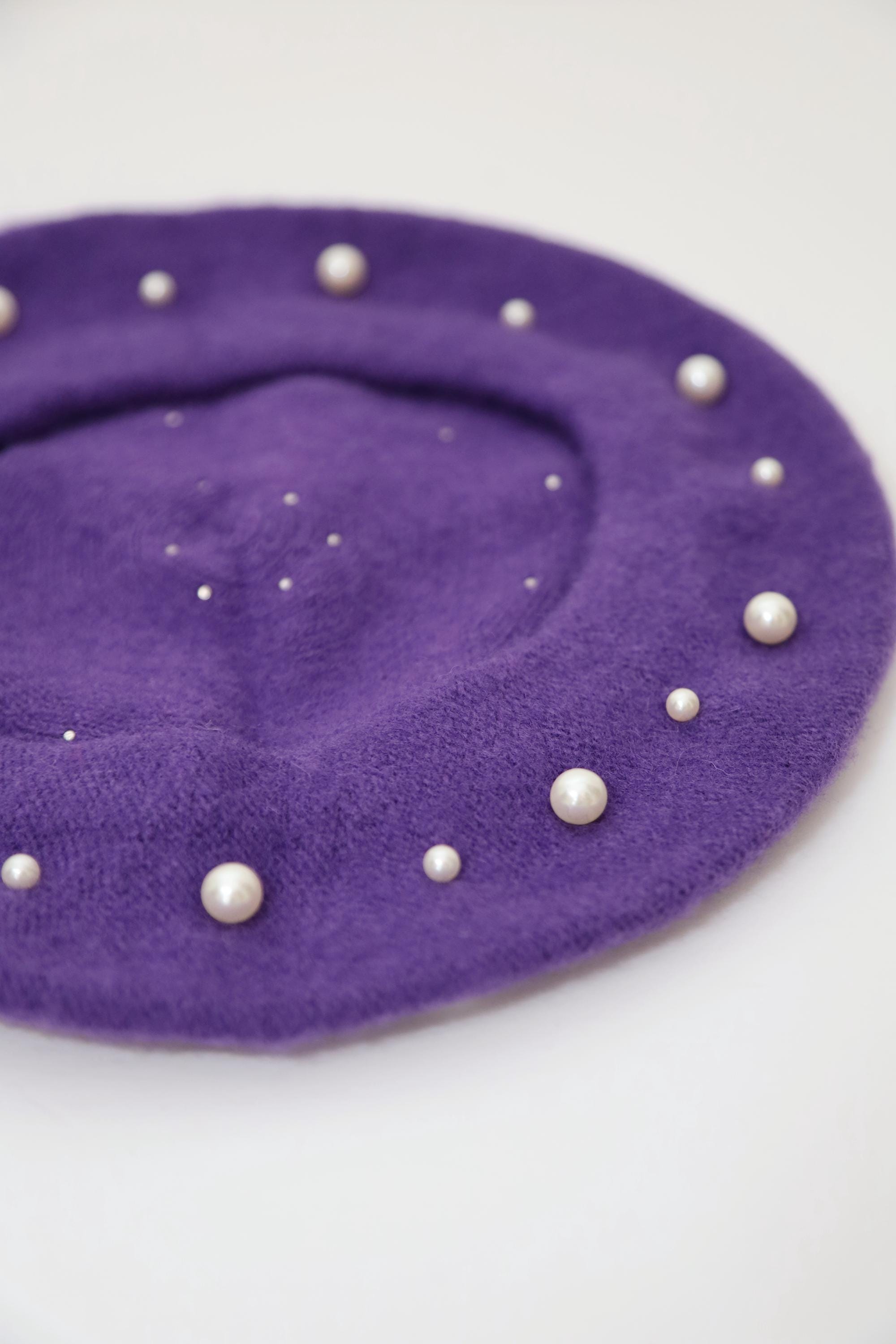 Purple Beret With Pearls White Pearls Beret Perl Embellished  display picture 3