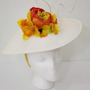 Ivory Fascinator Kentucky Derby Hat Yellow Flowers Wedding Guest Hat Coral Garden Party Fascinator Royal Ascot Large Teardrop Yellow Hat