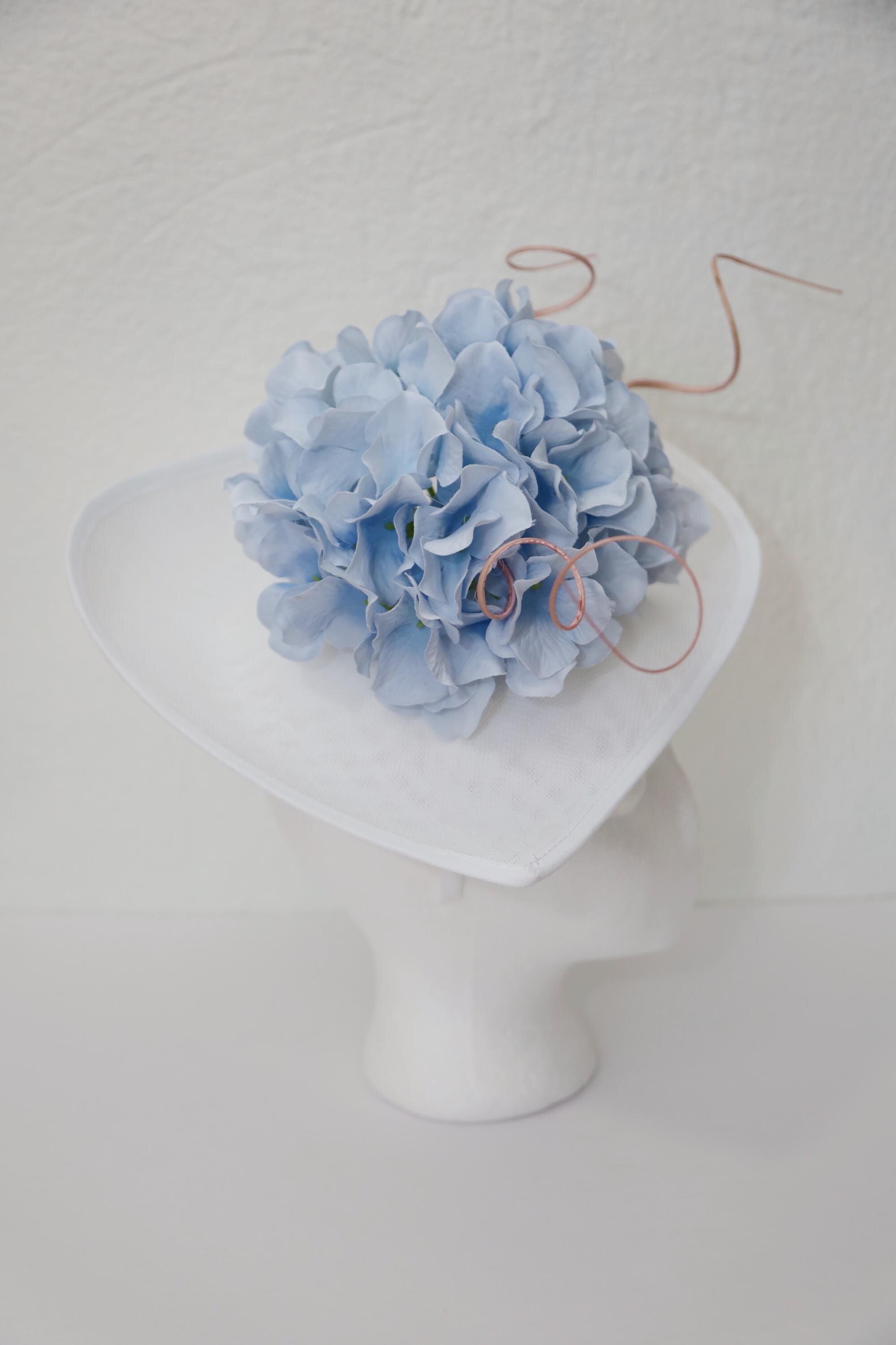 White Fascinator Kentucky Derby Hat Blue Hydrangea Flowers 