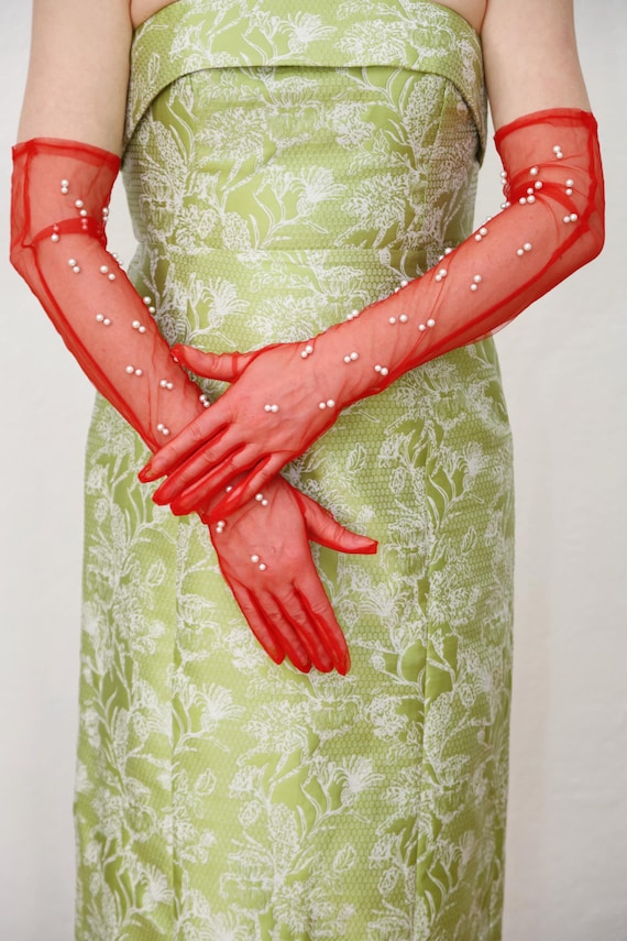 Red Tulle Long Gloves White Pearls Opera Sheer Gloves Redwedding