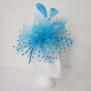 Vintage Blue Fascinator Hat Veil Pearls Wedding Church Tea Party Formal Derby Navy Blue Feather Fascinator Hat With Veil, Bridal, Wedding  main image 3