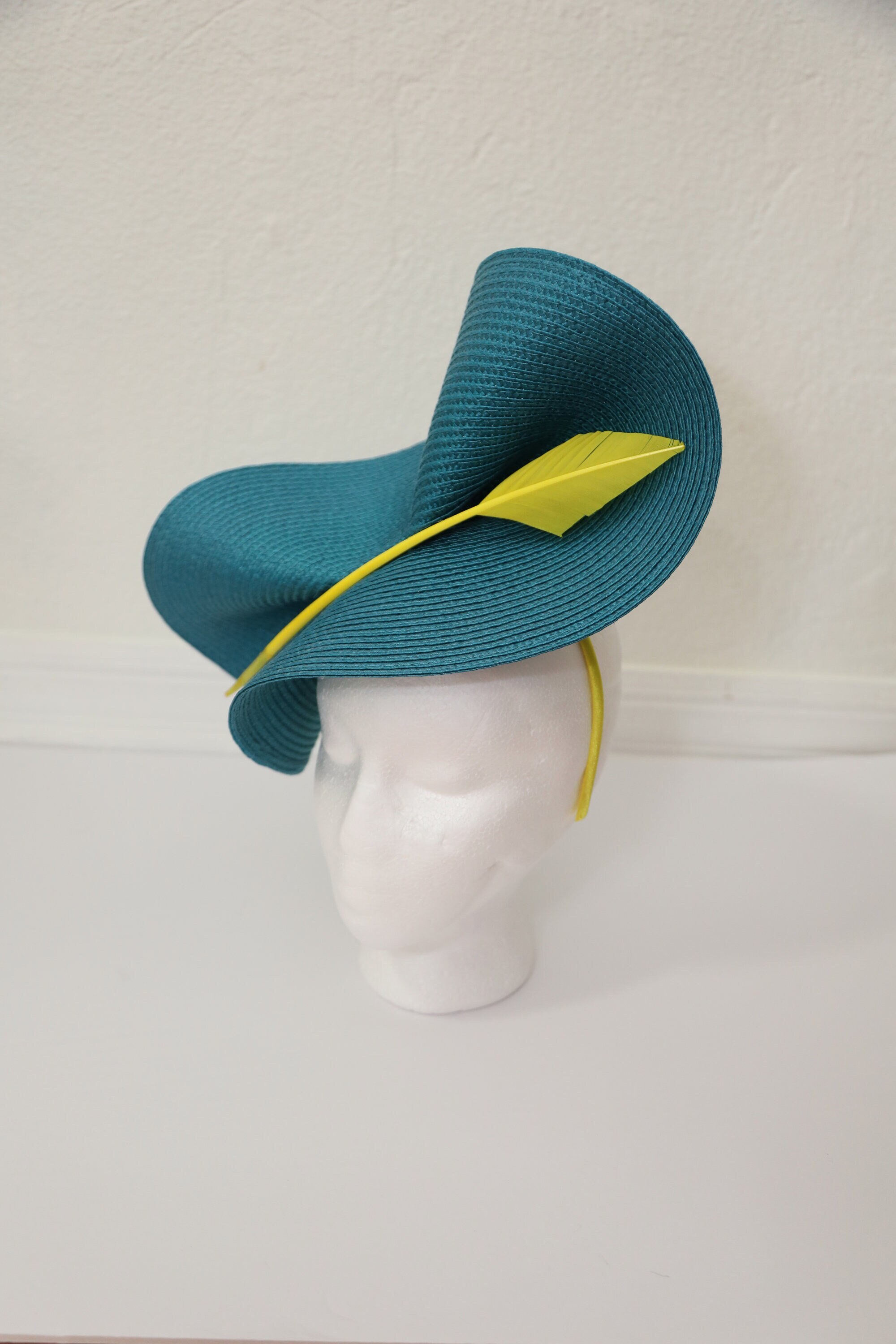 Elegant Yellow Hat with Teal Band and Feather Accent Embossed Leather Hat Band- Women main image 3