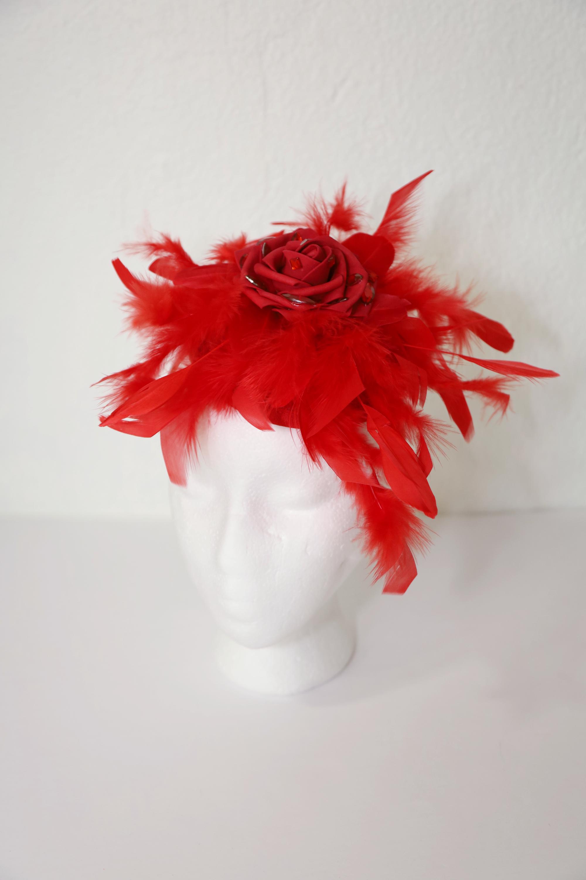 Red Feather Fascinator Kentucky Derby Hat Rose Tea Party Hat 
