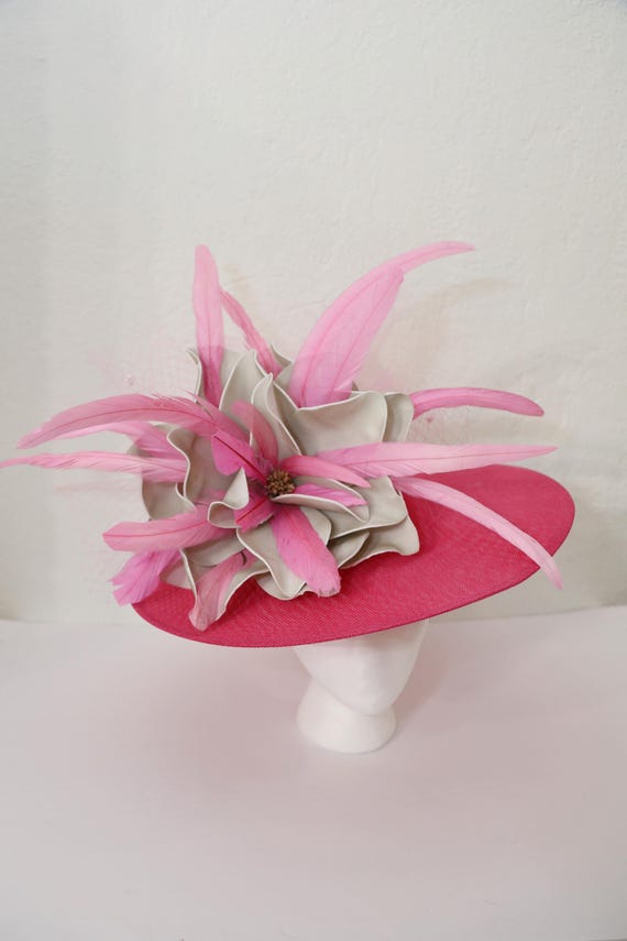 Pink Kentucky Derby Hat Grey Wedding Guest Hat Pink Feathers  display picture 3