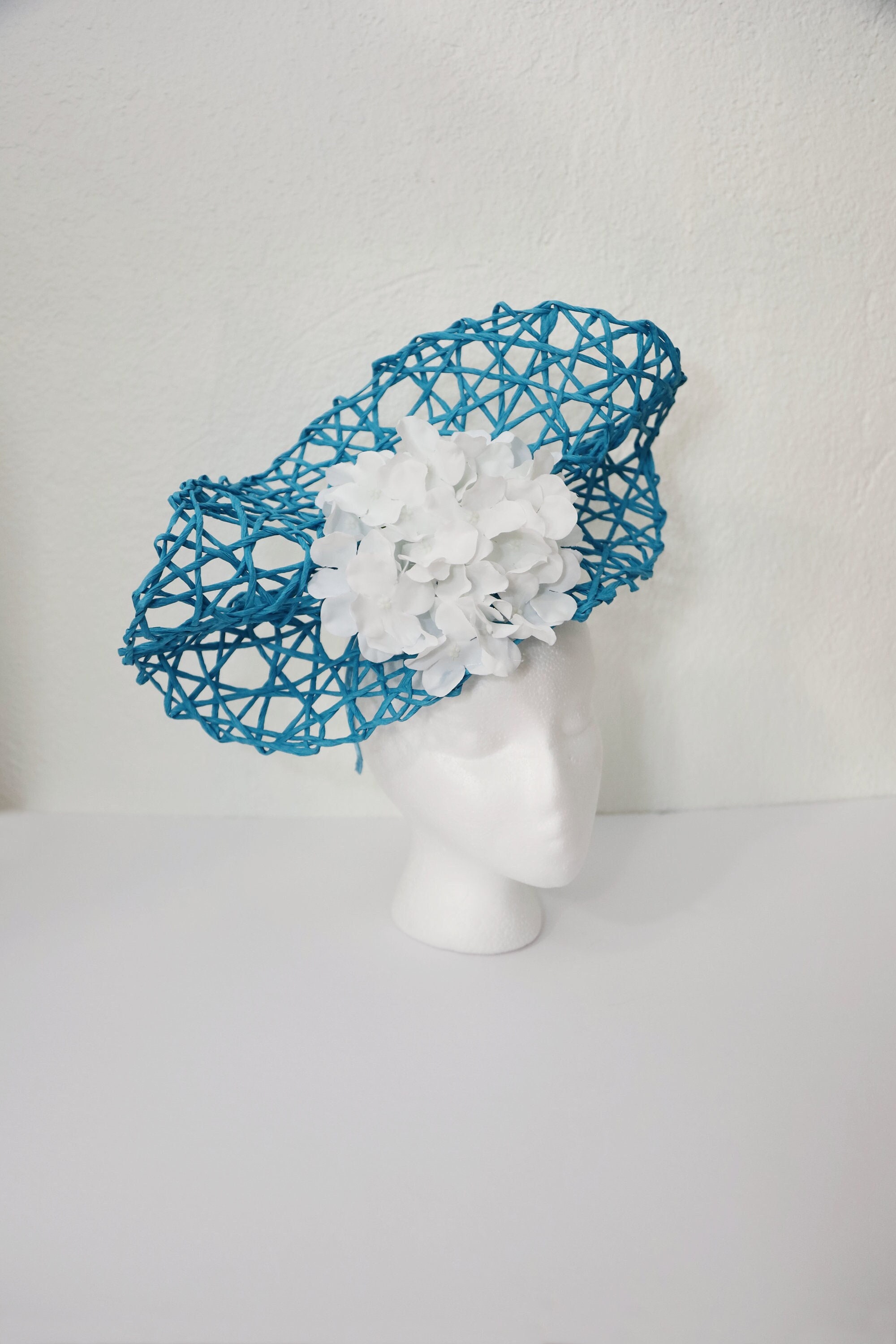 Blue Hat Blue Flowers White Hydrangea
Kentucky Derby Fascinator Church Hat Blue Saucer Fascinator Hat with Hydrangea & Veiling  main image 4