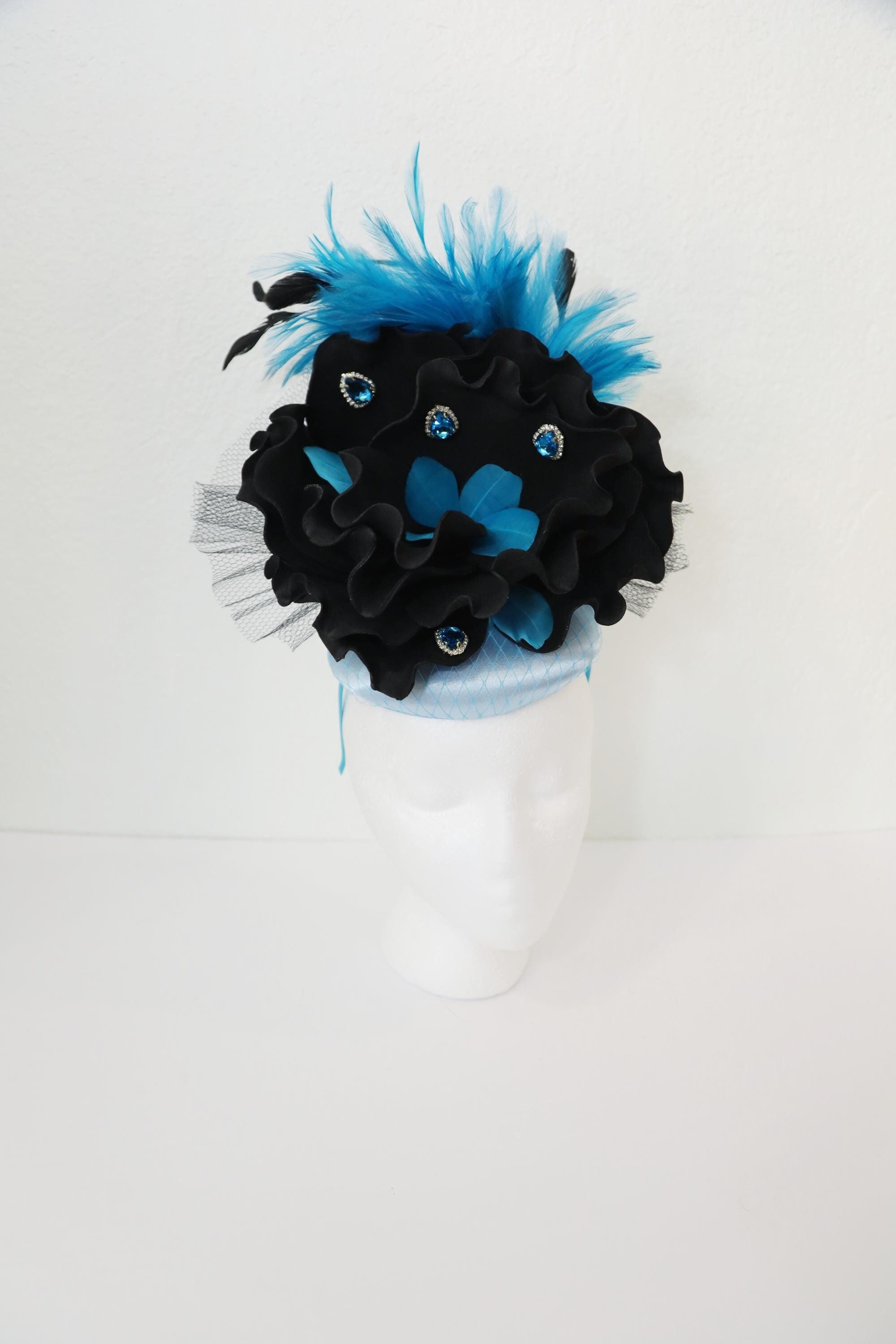 Denim Blue Flower Fascinator Kentucky Derby Feathers Veil Hat Wedding Party Hontri Feather Fascinator Hat Women Wedding Headpiece Mesh  main image 2
