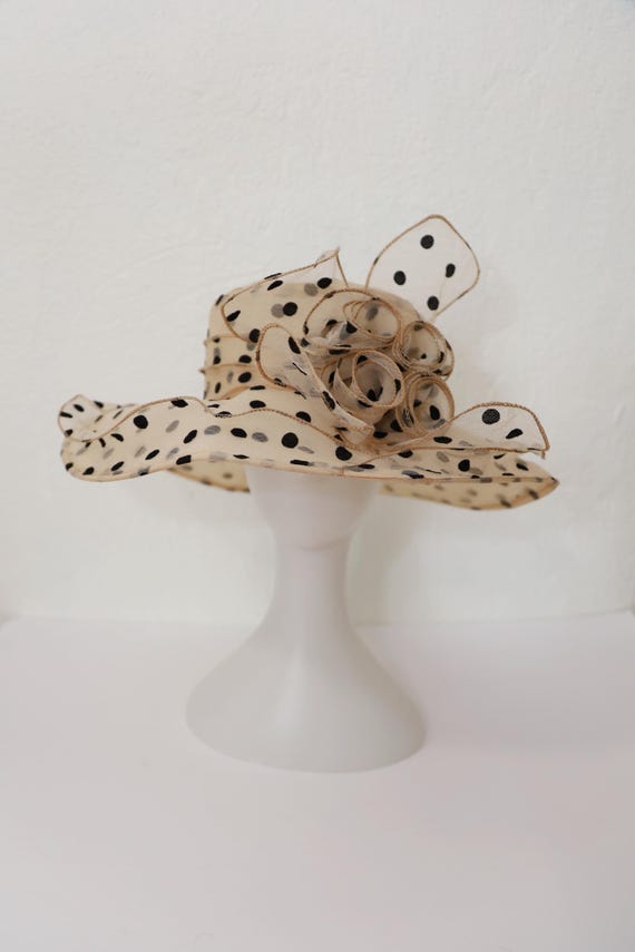 Beige Organza Kentucky Derby Hat Polka Dot Beige Bow Dress  display picture 1