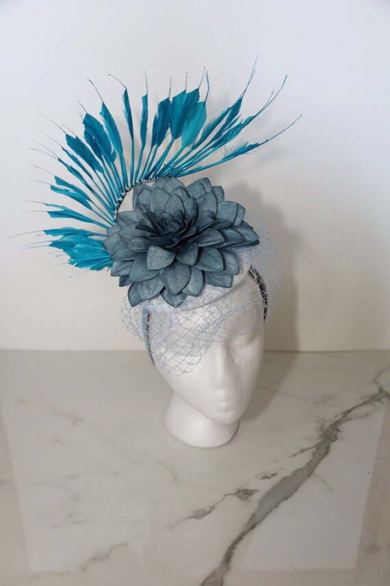 Denim Blue Flower Fascinator Kentucky Derby Blue Feathers  display picture 2