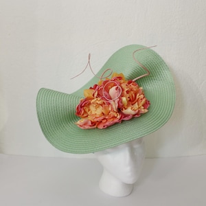 Sage Green Fascinator Pink Flowers Kentucky Derby Hat Pastel Green Wedding Guest Hat Light Green Garden Party Fascinator Yellow Flowers Hat