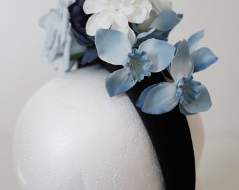 Derby, Tea Party, Wedding Guest flower headband, blue, white, black Blue Headband Baby Blue Flowers Luncheon Velvet Headband  main image 3